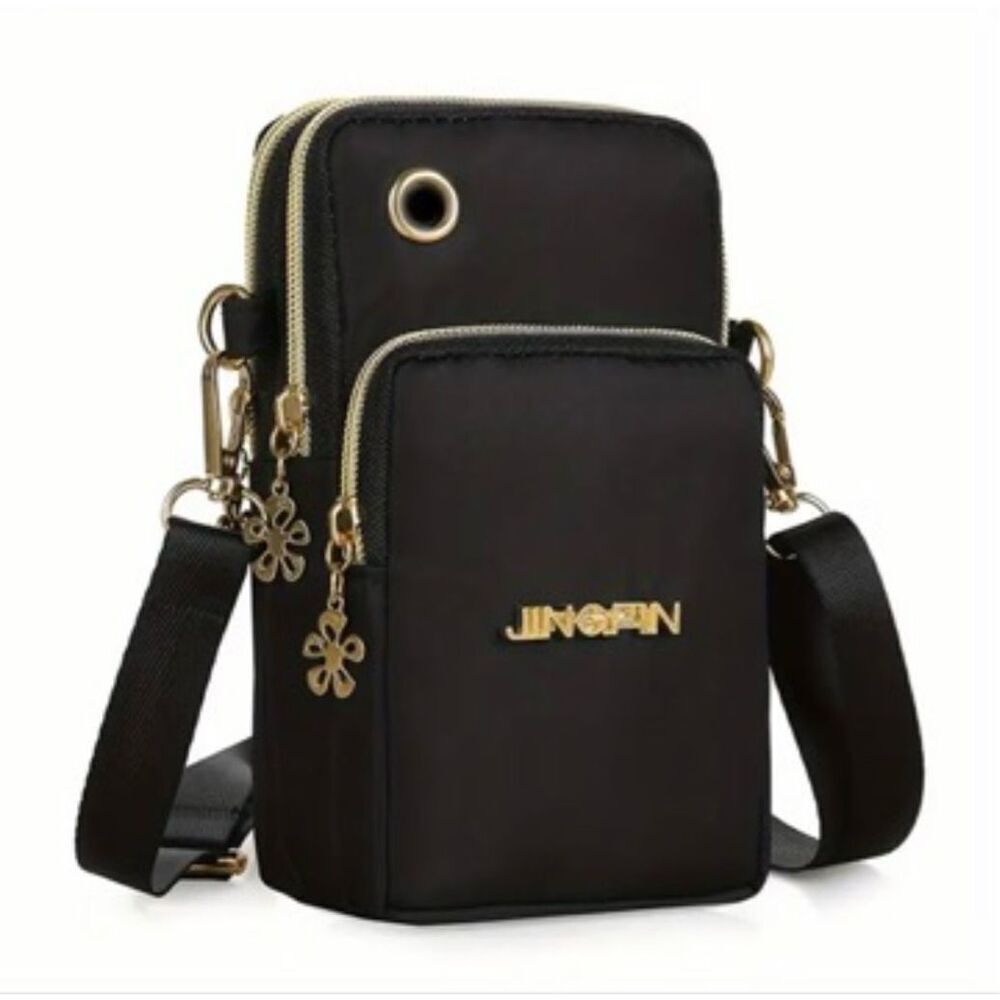 NWT JINGPIN small Black Crossbody 3 Zippers Arm holder Headphones hole Nylon Bag